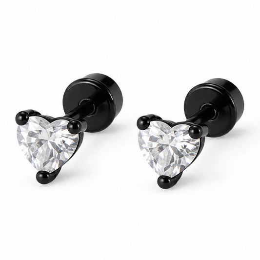 Black Heart CZ Flat Back Stud Earrings