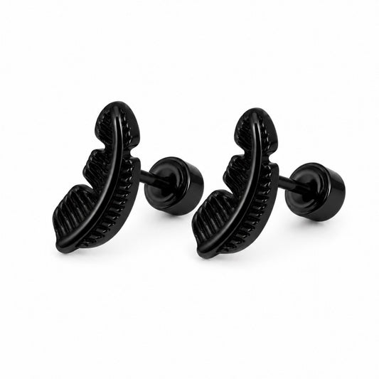 Tiny Black Feather Flat Back Stud Earrings