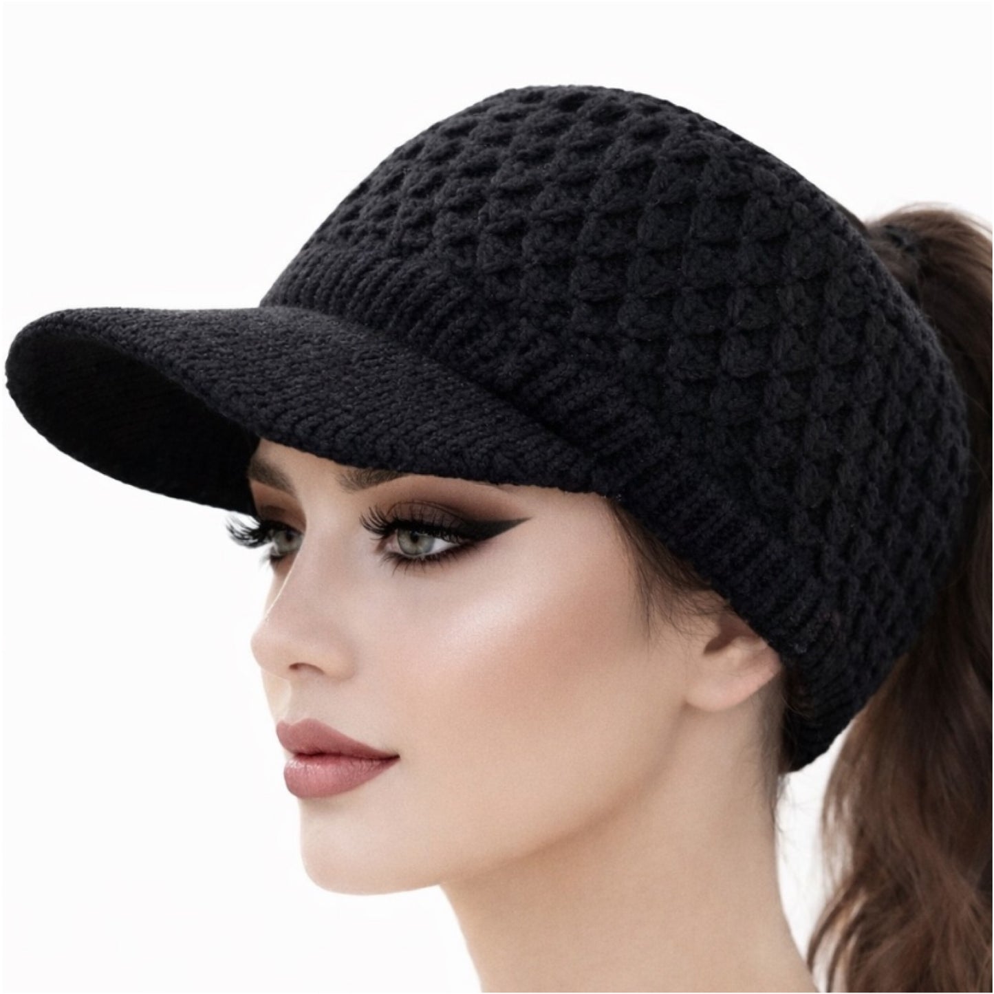 Black Knit Ponytail Visor Hat – Cozy Textured Winter Cap