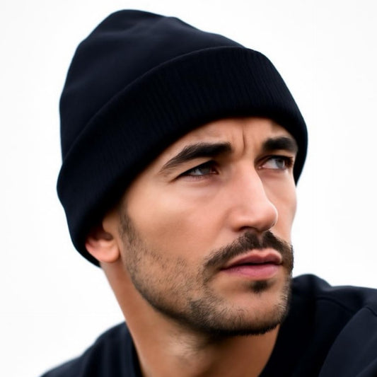 Black Fleece-Lined Knit Beanie – Unisex Cuffed Winter Hat