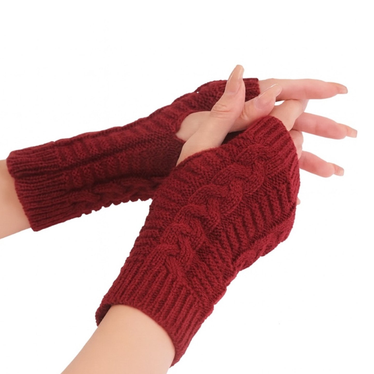 Burgundy Cable Knit Fingerless Gloves – Winter Hand Warmers