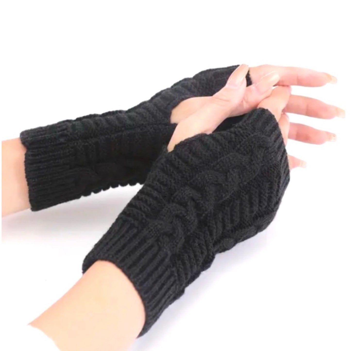 Black Cable Knit Fingerless Gloves – Cozy Winter Arm Warmers