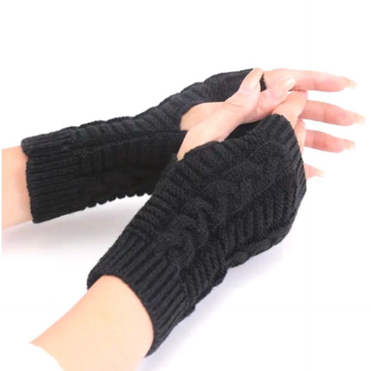 Black Cable Knit Fingerless Gloves – Cozy Winter Arm Warmers