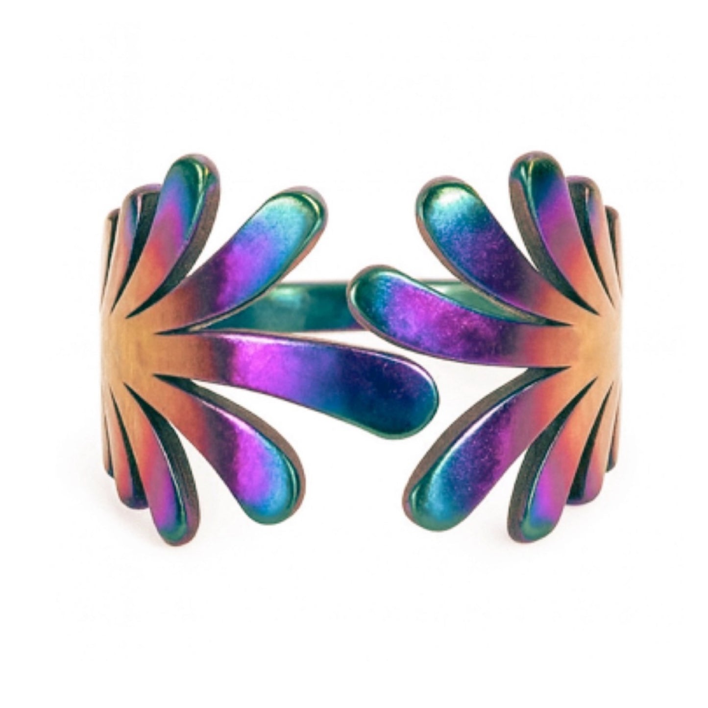 Rainbow Stainless Steel Open Cuff Ring – Adjustable Iridescent Statement Band