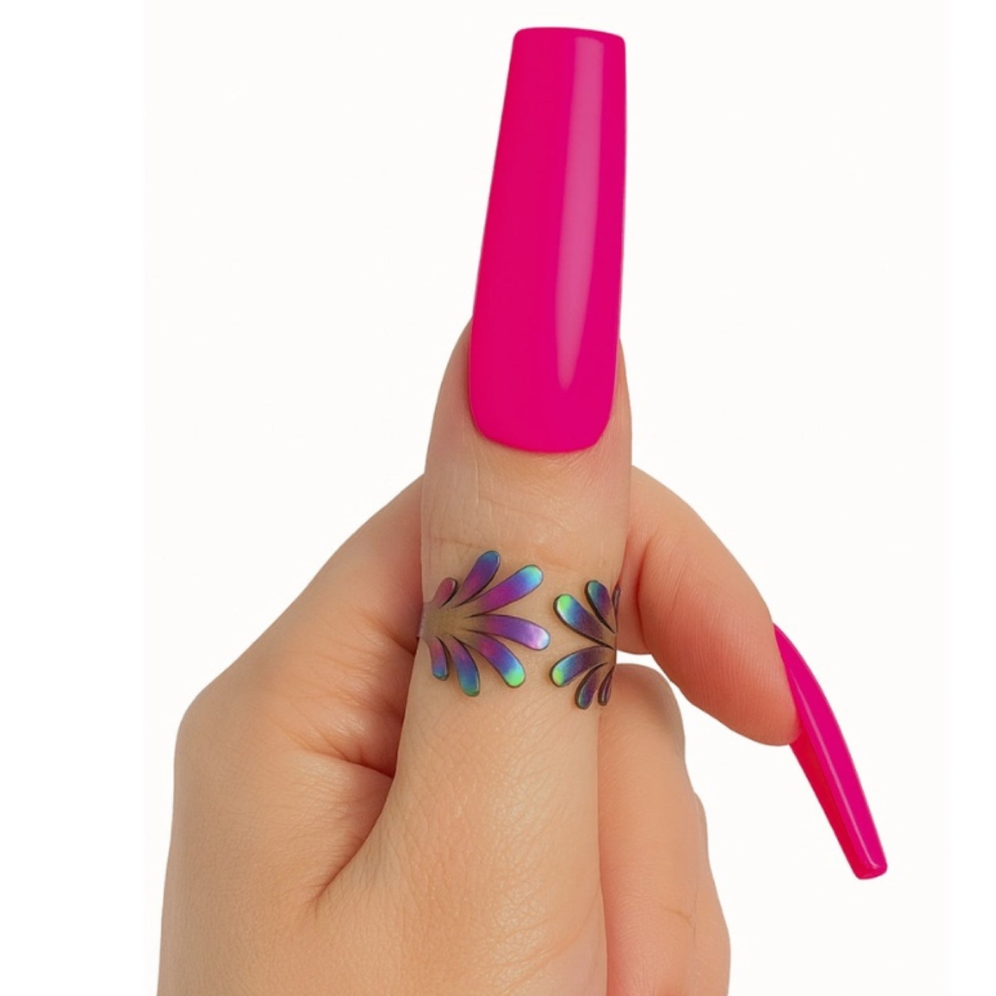 Rainbow Stainless Steel Open Cuff Ring – Adjustable Iridescent Statement Band