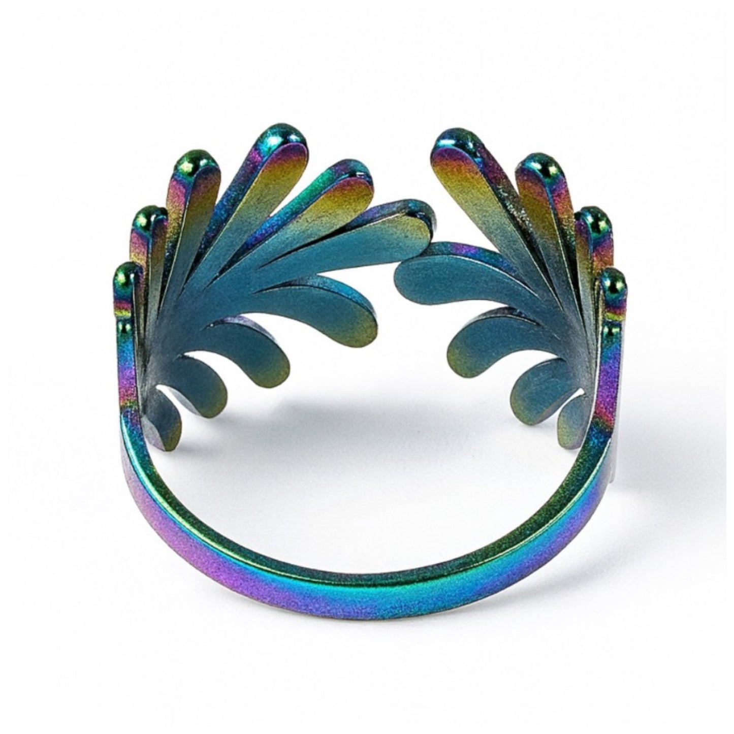 Rainbow Stainless Steel Open Cuff Ring – Adjustable Iridescent Statement Band