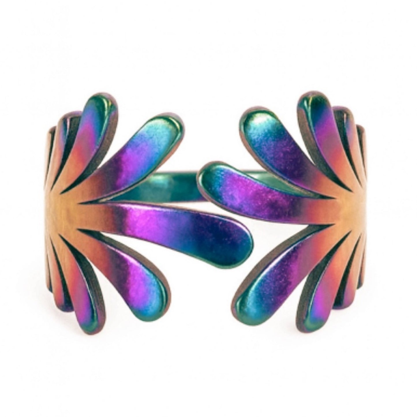 Rainbow Stainless Steel Open Cuff Ring – Adjustable Iridescent Statement Band