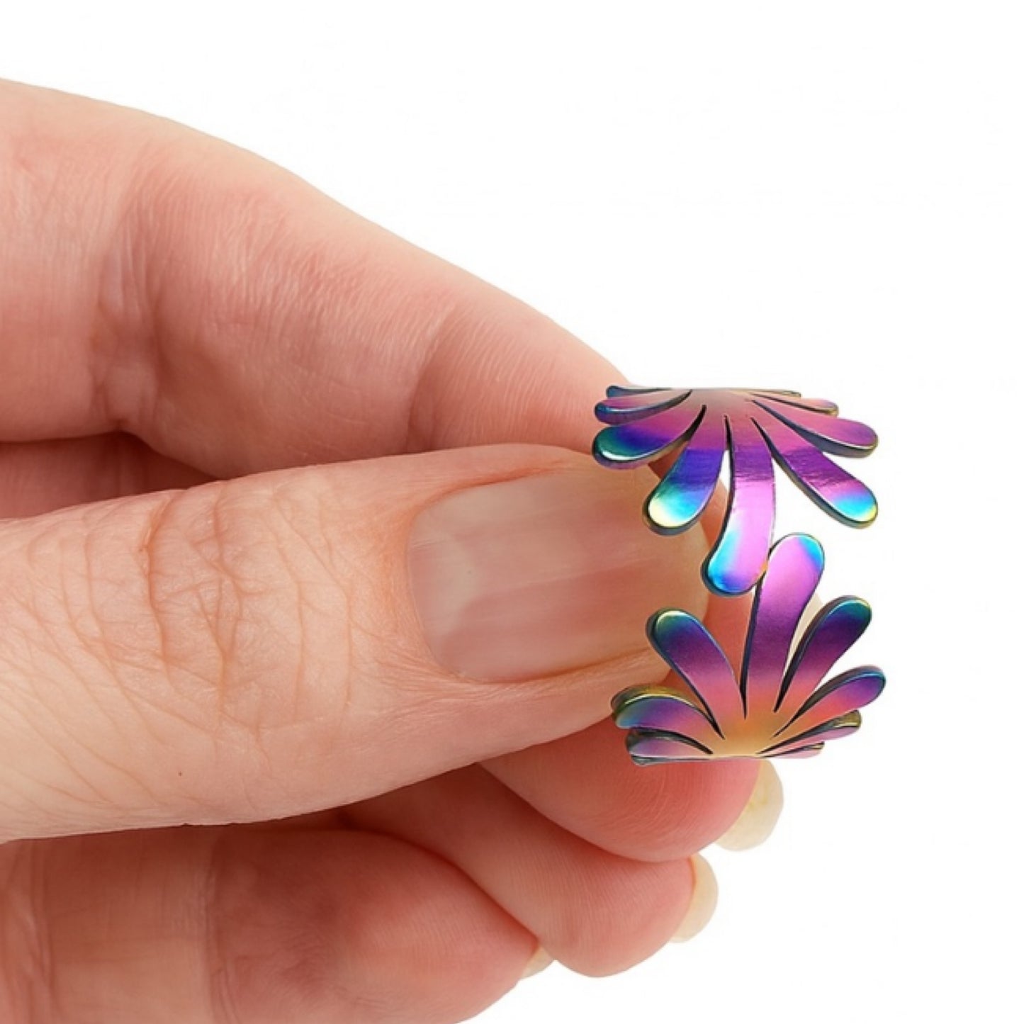 Rainbow Stainless Steel Open Cuff Ring – Adjustable Iridescent Statement Band