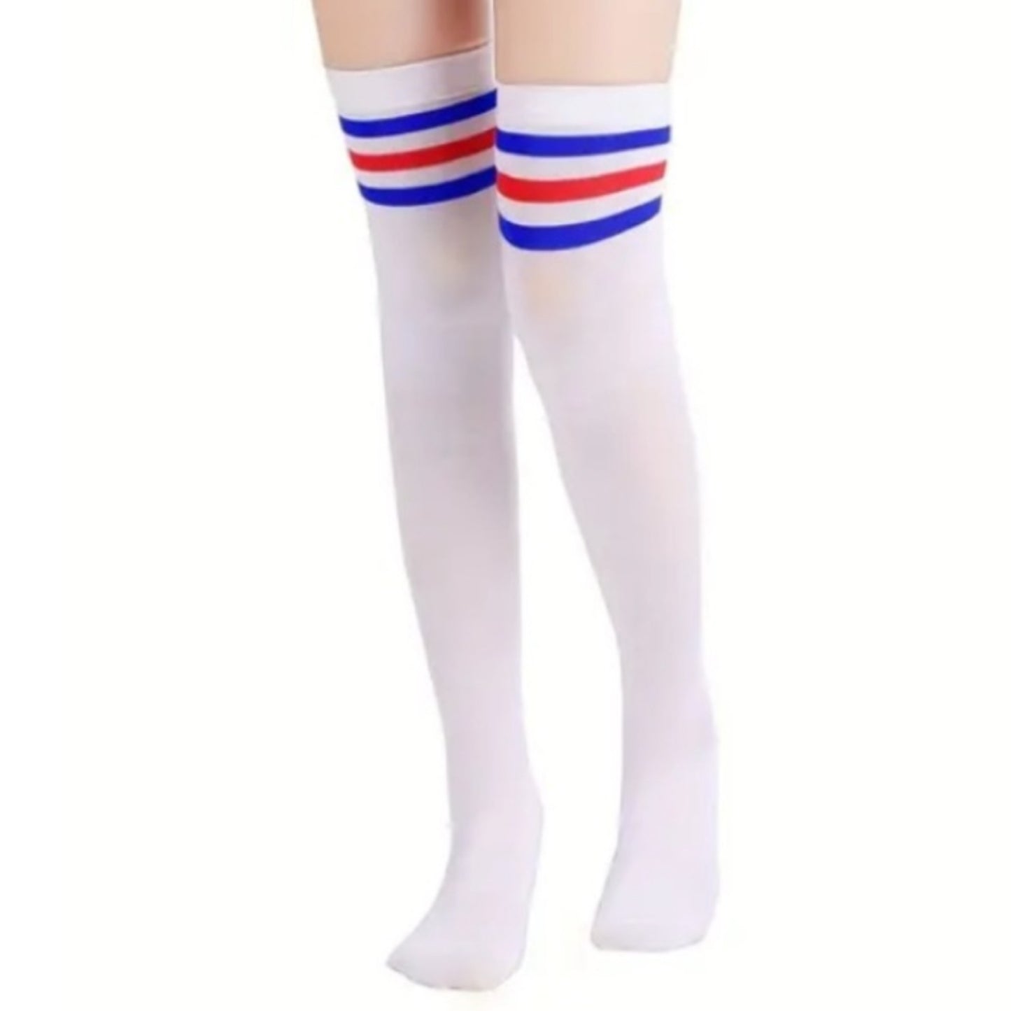 Red & Blue Striped Thigh High Socks – Retro Athletic Over-the-Knee