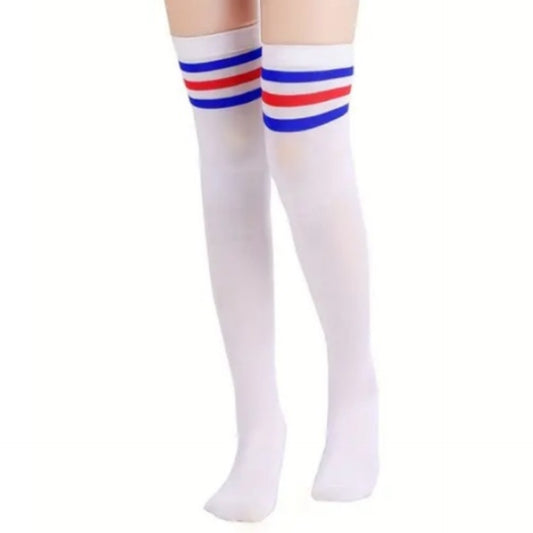 Red & Blue Striped Thigh High Socks – Retro Athletic Over-the-Knee