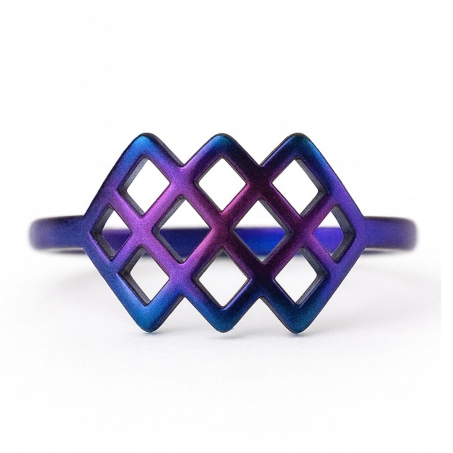 Rainbow Stainless Steel Lattice Ring – Iridescent Anodized Geometric Band