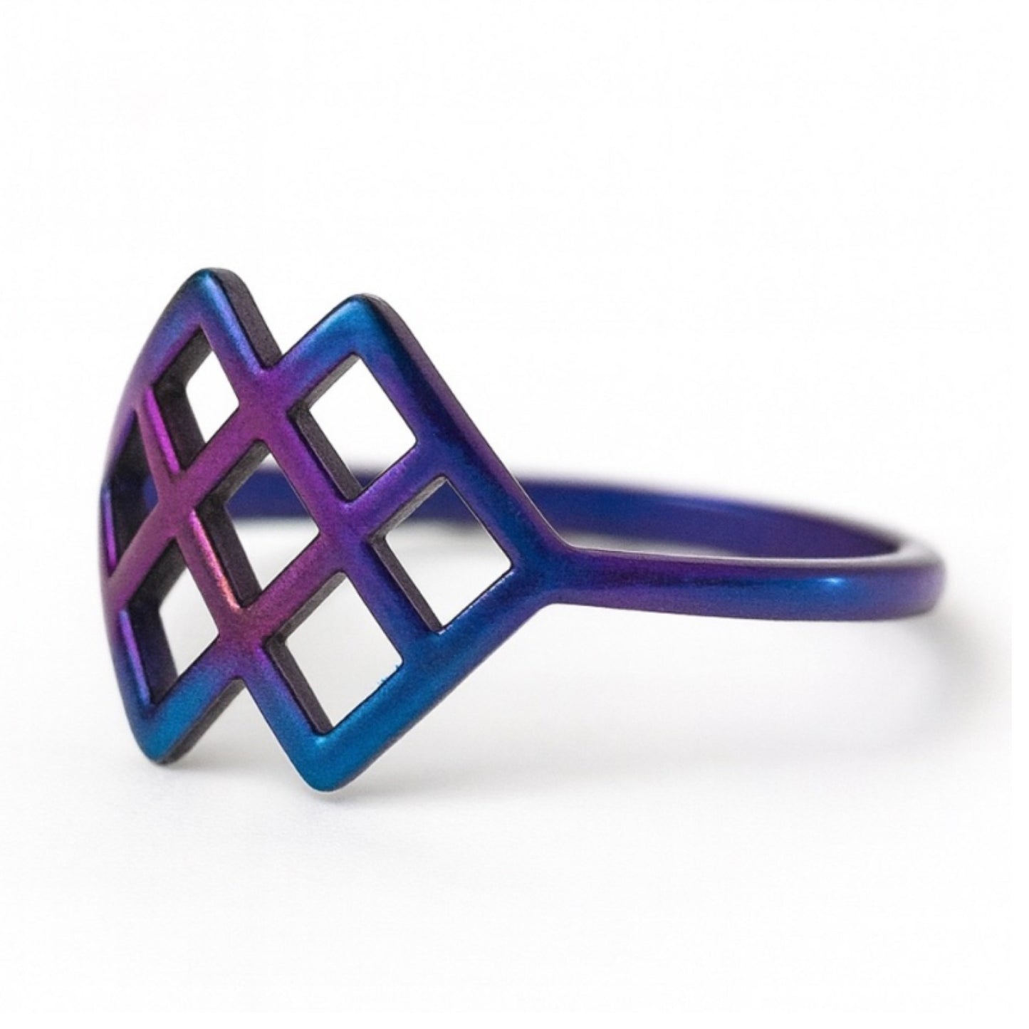 Rainbow Stainless Steel Lattice Ring – Iridescent Anodized Geometric Band