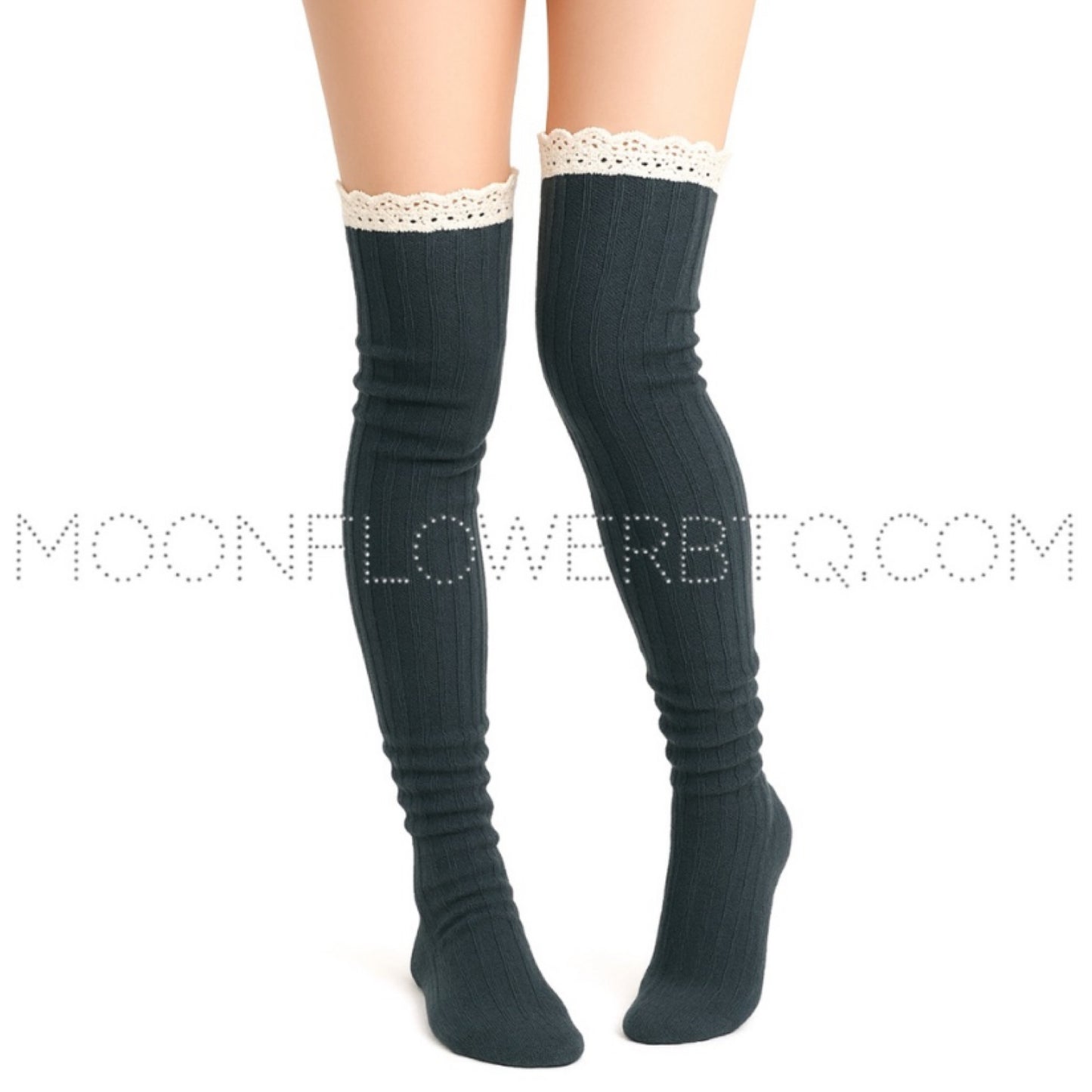 Blue Ribbed Knit Thigh High Socks with Lace Trim