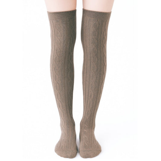 Taupe Cable Knit Over the Knee Socks – Cozy Thigh High Boot Socks for Women