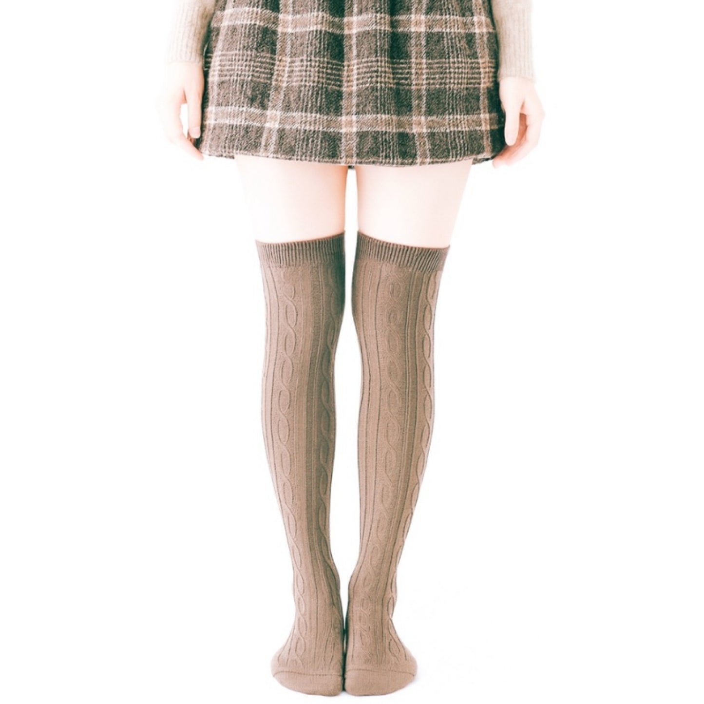 Taupe Cable Knit Over the Knee Socks – Cozy Thigh High Boot Socks for Women