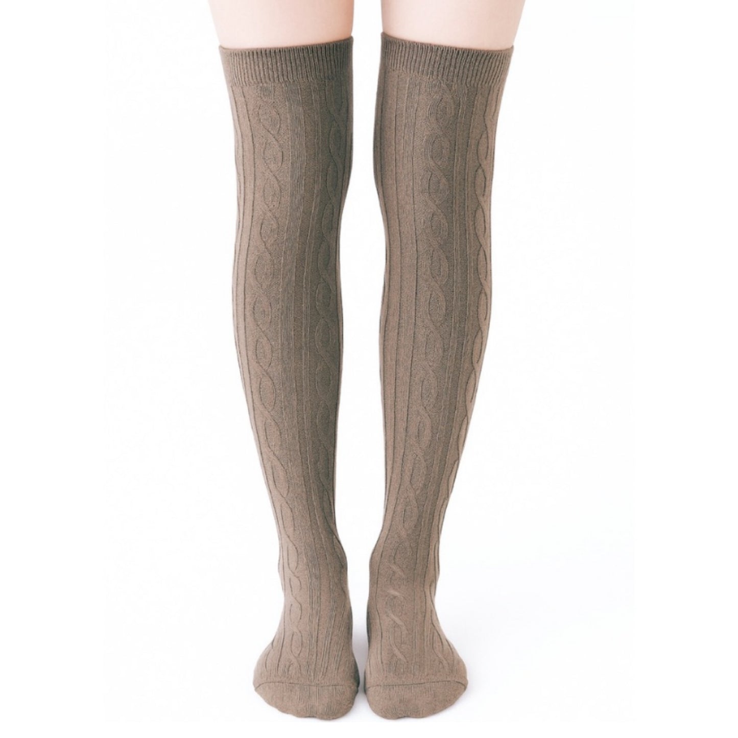 Taupe Cable Knit Over the Knee Socks – Cozy Thigh High Boot Socks for Women