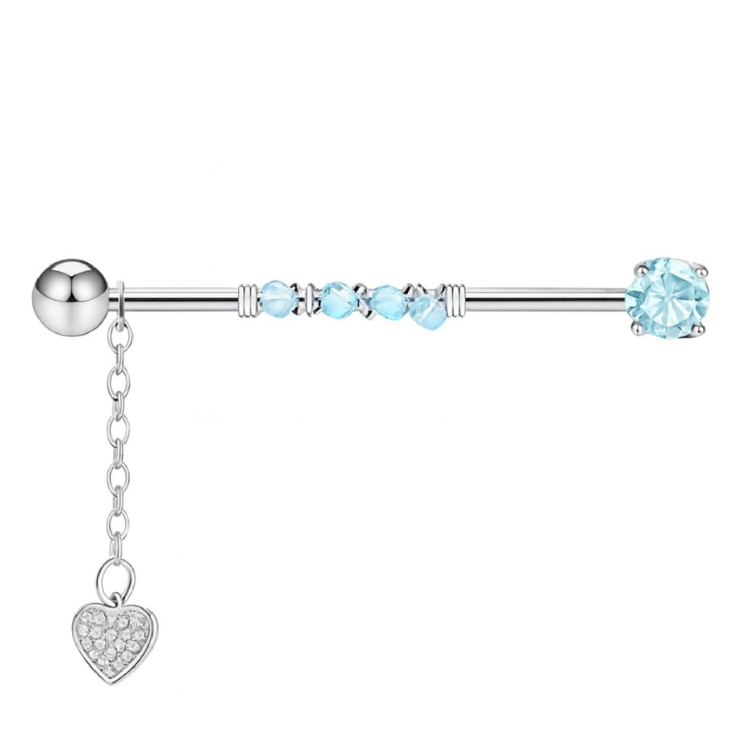 Blue CZ Heart Dangle Industrial Barbell Earring