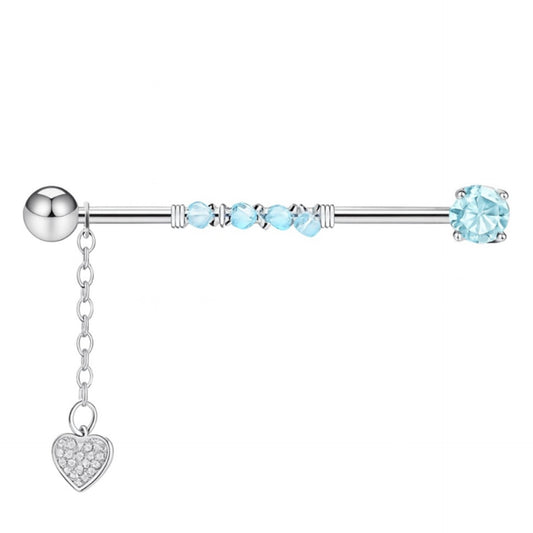 Blue CZ Heart Dangle Industrial Barbell Earring