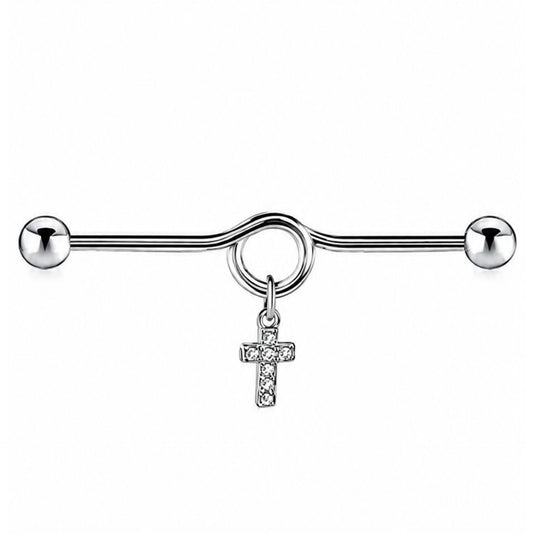 Stainless Steel Cross Charm Industrial Barbell Earring