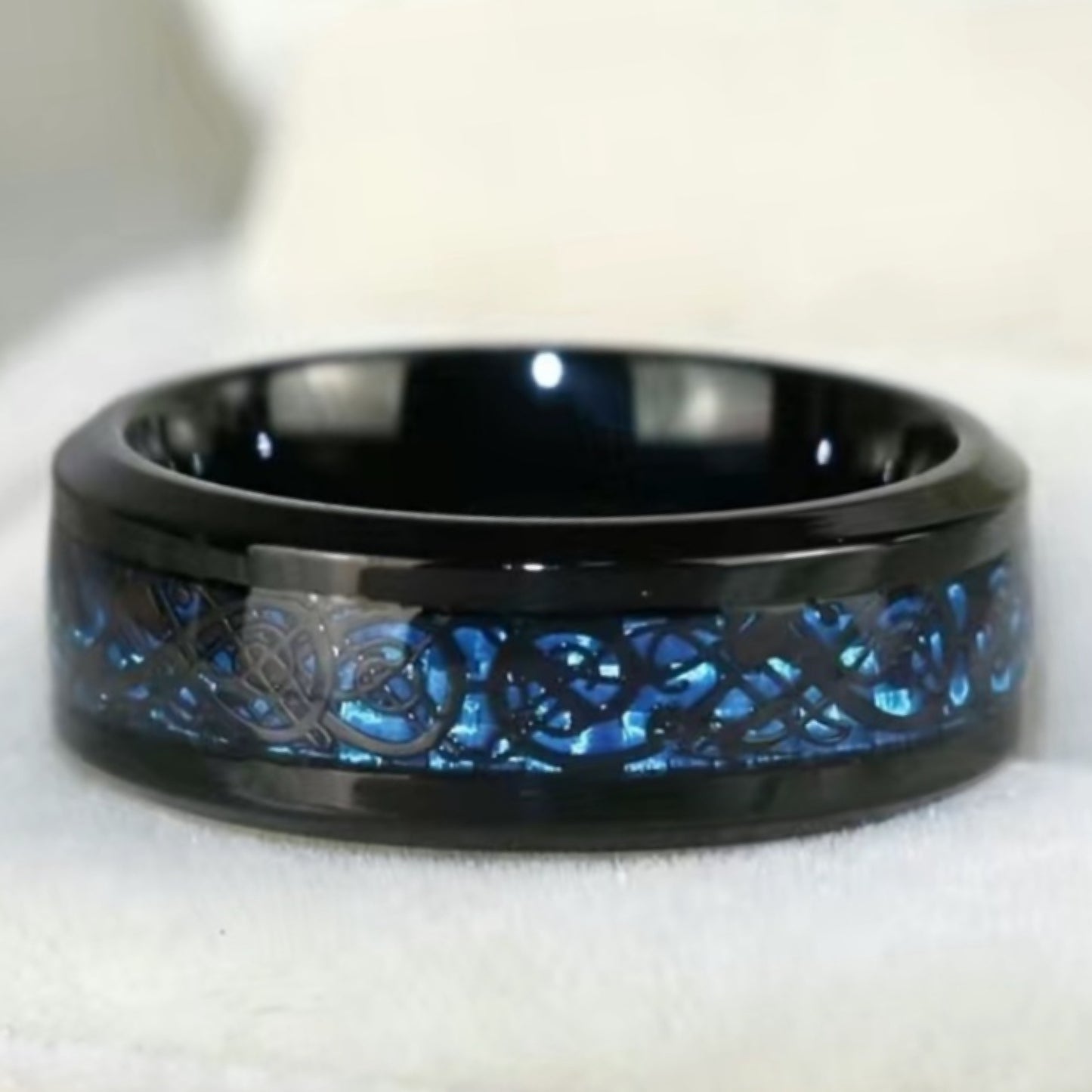Men’s Black Tungsten Ring with Blue Celtic Inlay – 8mm Comfort Fit Band