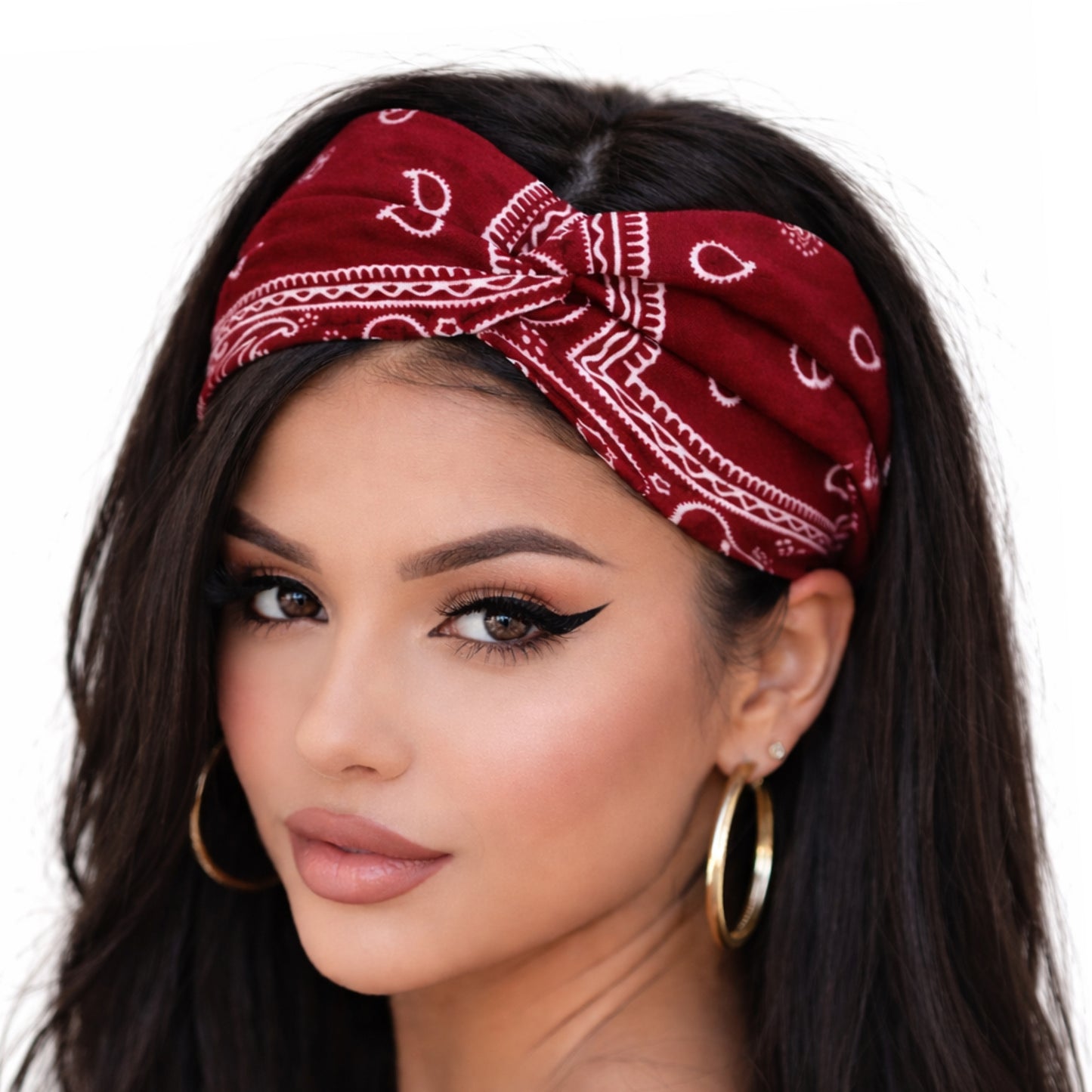 Burgundy Bandana Print Twist Knot Headband – Wide Stretch Hair Wrap