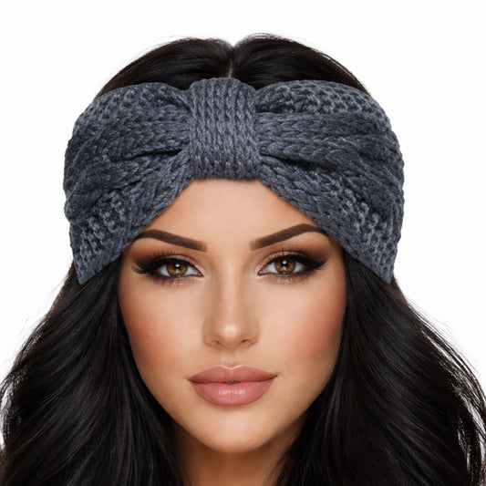 Charcoal Gray Chunky Knit Bow Headband – Cable Twist Winter Ear Warmer