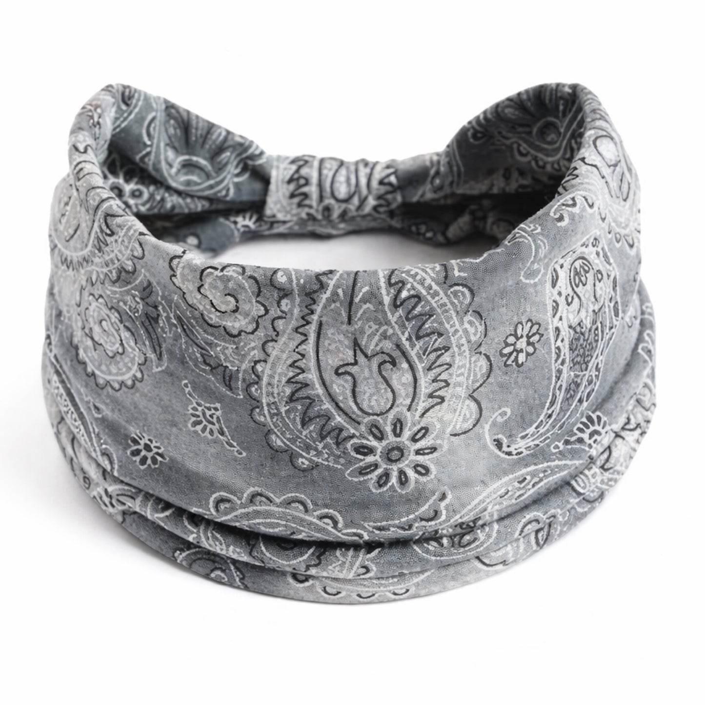 Gray Paisley Bandana Print Wide Twist Knot Headband