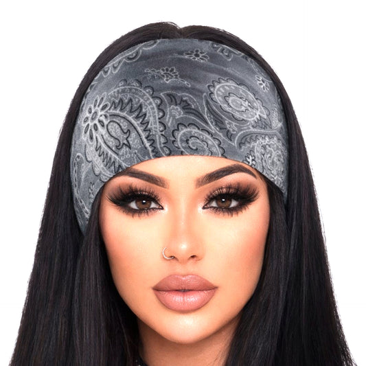 Gray Paisley Bandana Print Wide Twist Knot Headband