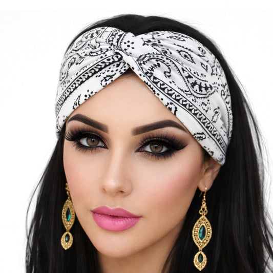 White Paisley Print Turban Headband Ear Warmer