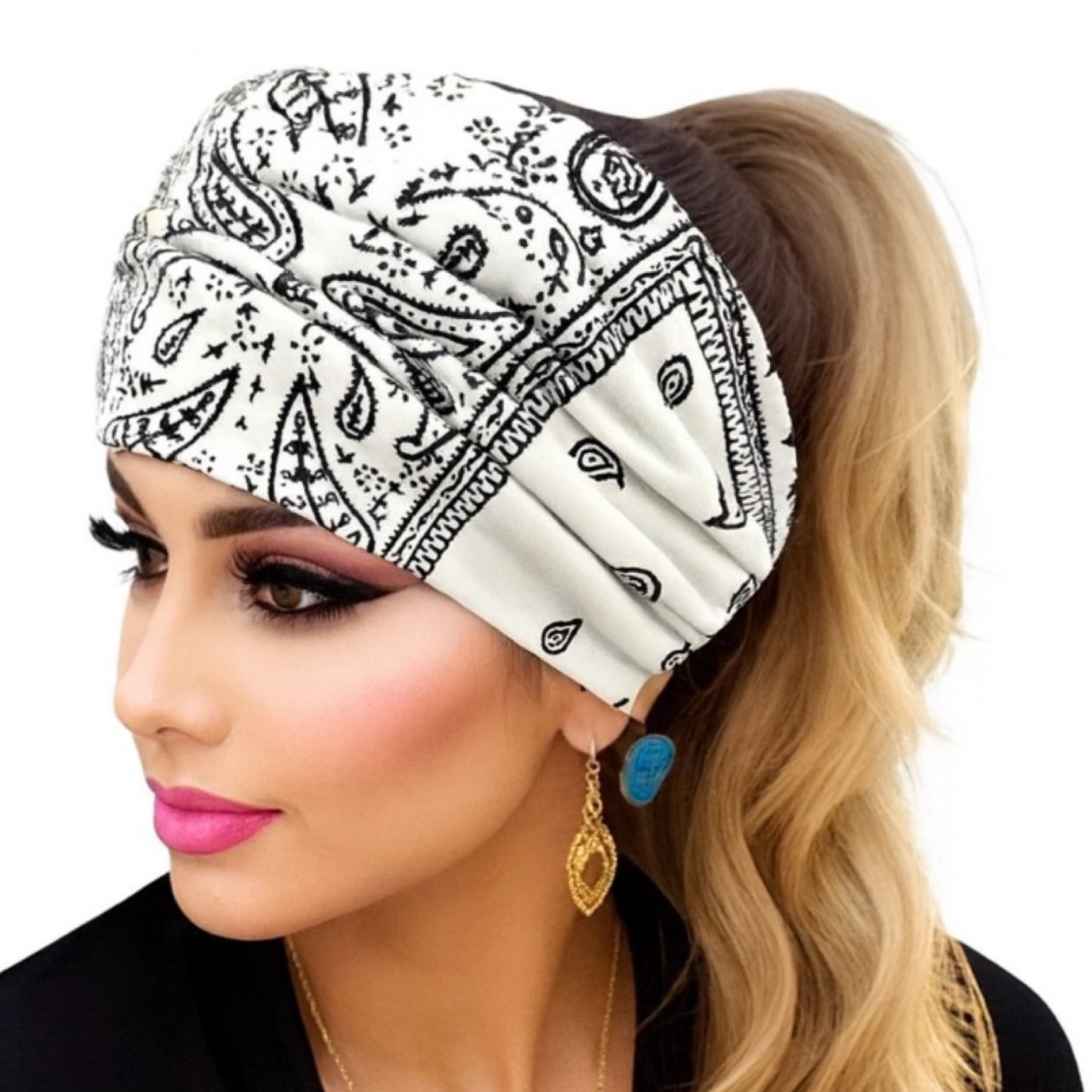White Paisley Print Turban Headband Ear Warmer