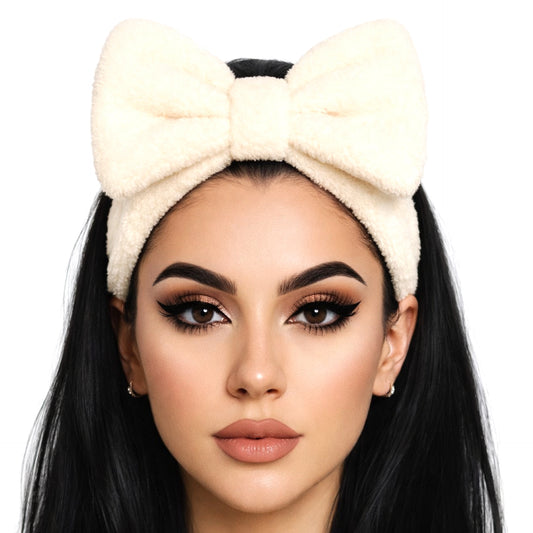 Cream Plush Bow Spa Headband – Soft Fleece Skincare & Makeup Hair Wrap