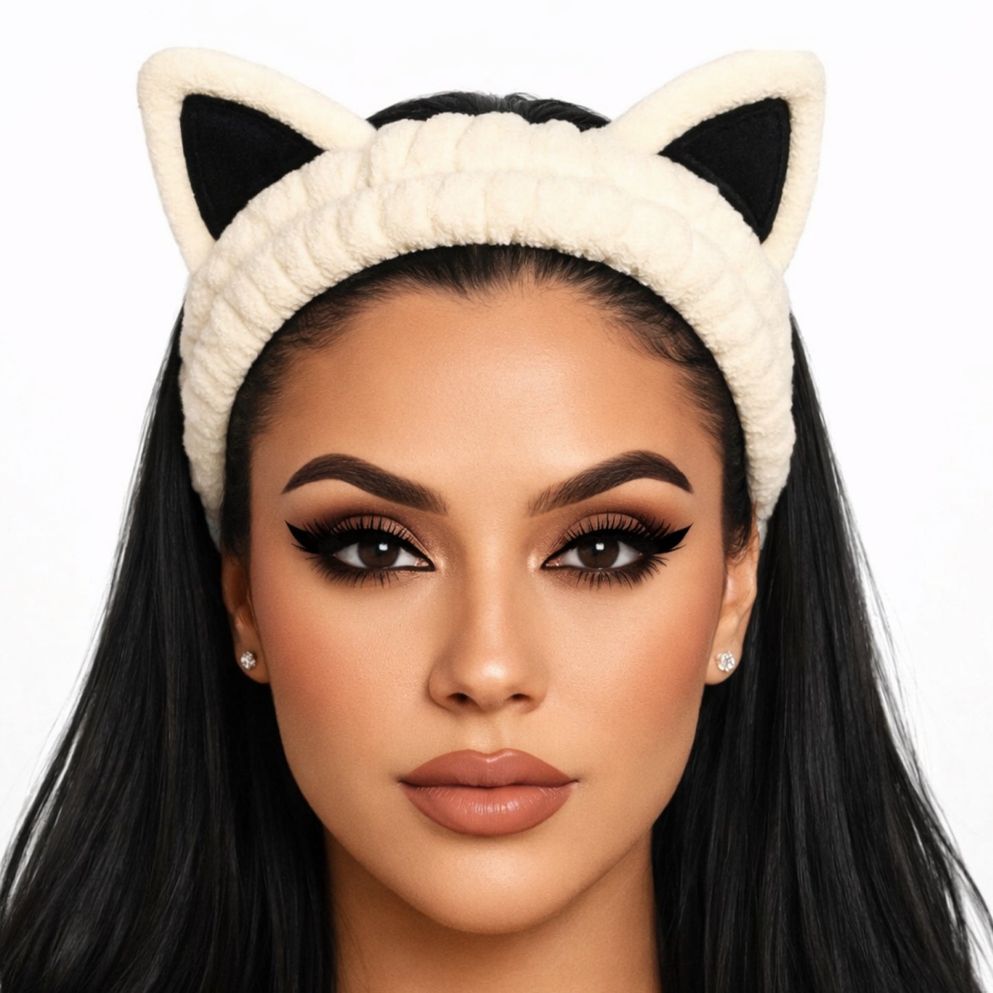 Plush Cat Ear Spa Headband – Cream & Black Soft Makeup Hair Wrap