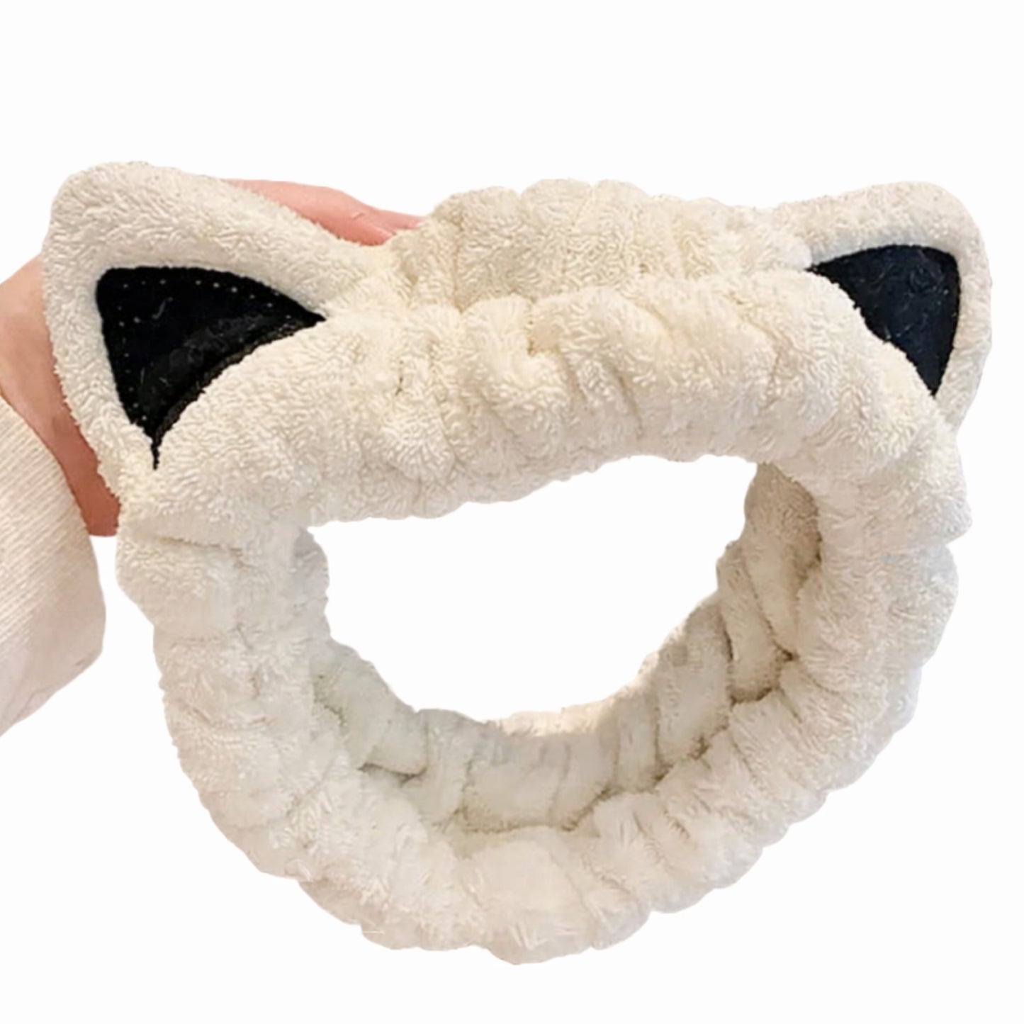 Plush Cat Ear Spa Headband – Cream & Black Soft Makeup Hair Wrap