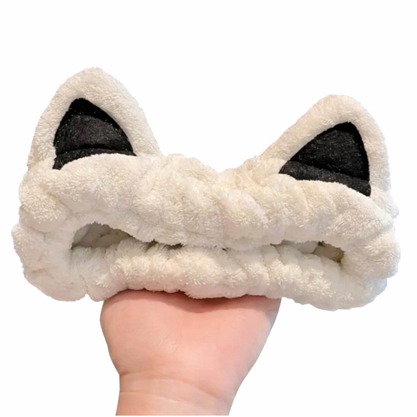 Plush Cat Ear Spa Headband – Cream & Black Soft Makeup Hair Wrap
