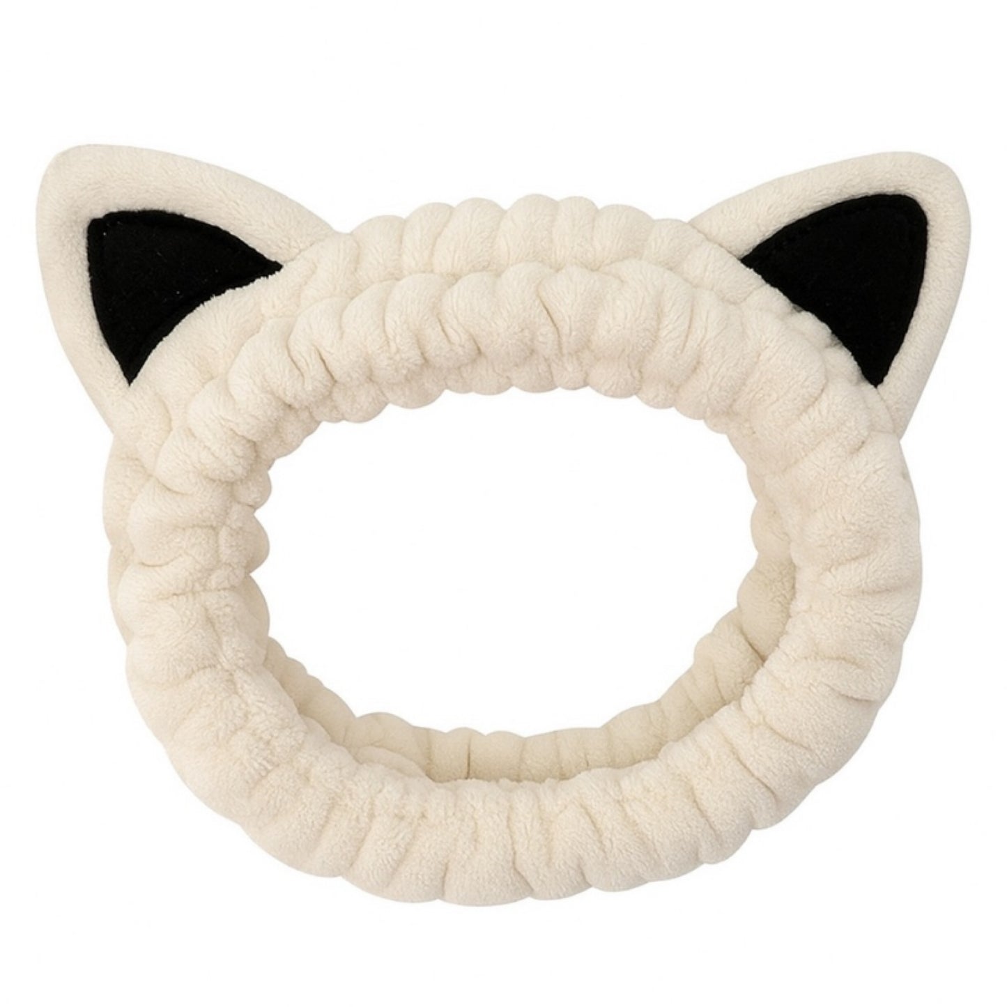 Plush Cat Ear Spa Headband – Cream & Black Soft Makeup Hair Wrap