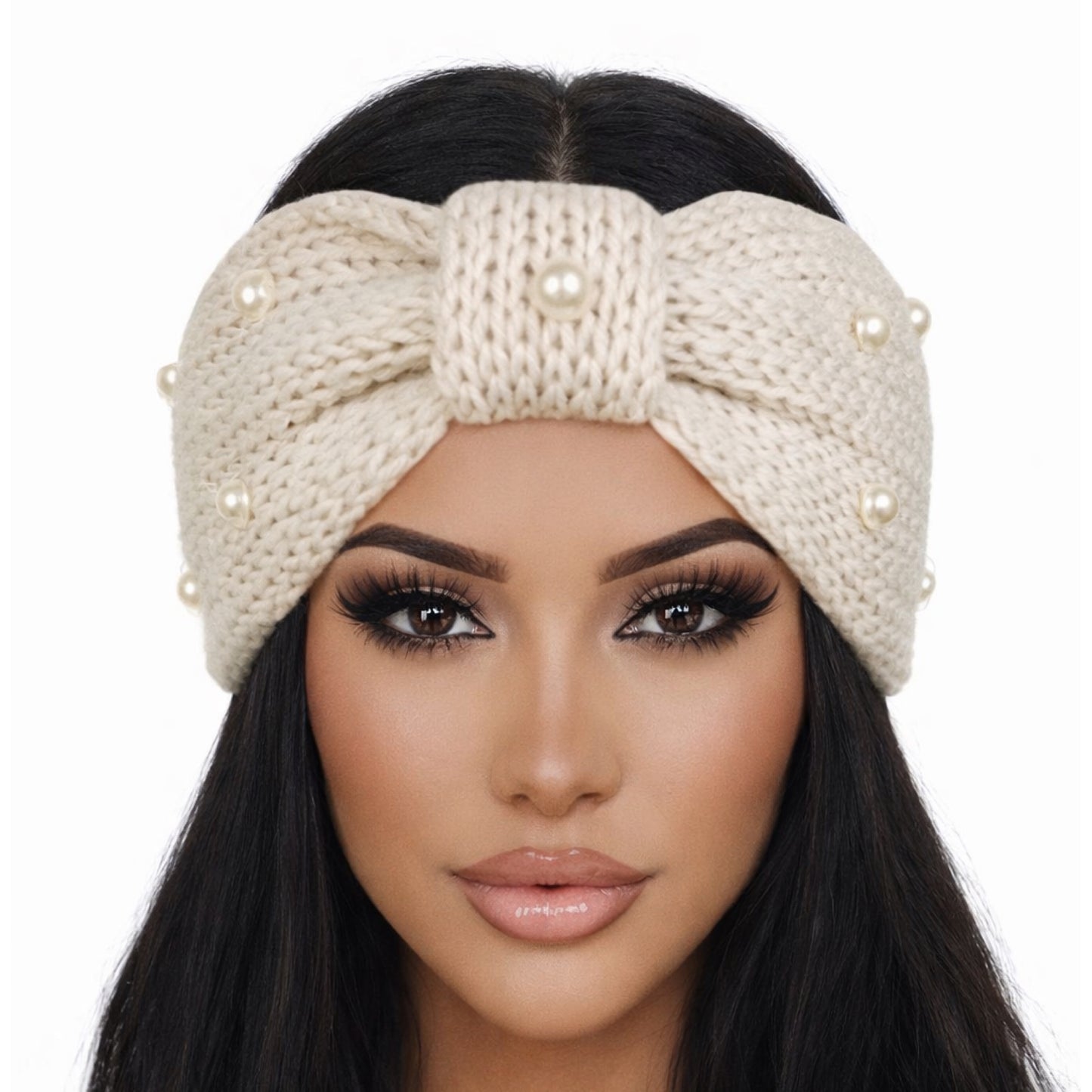 Cream Pearl Knit Bow Headband – Ivory Winter Turban Ear Warmer