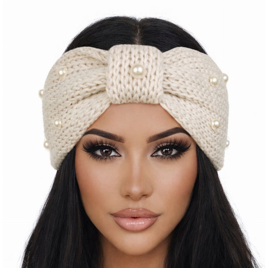 Cream Pearl Knit Bow Headband – Ivory Winter Turban Ear Warmer