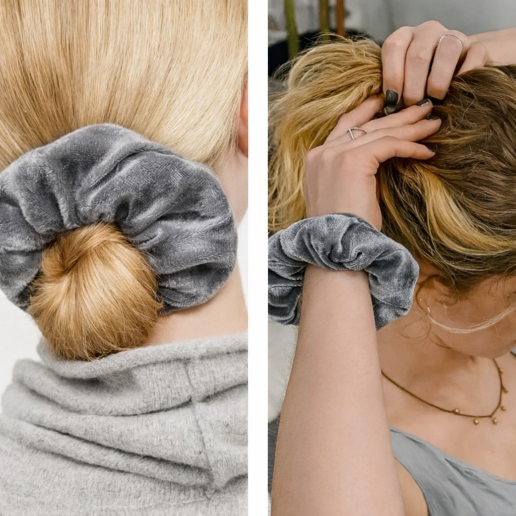 Gray Velvet Stash Scrunchie with Hidden Zipper Pocket – Hair Tie & Wristband Accessory