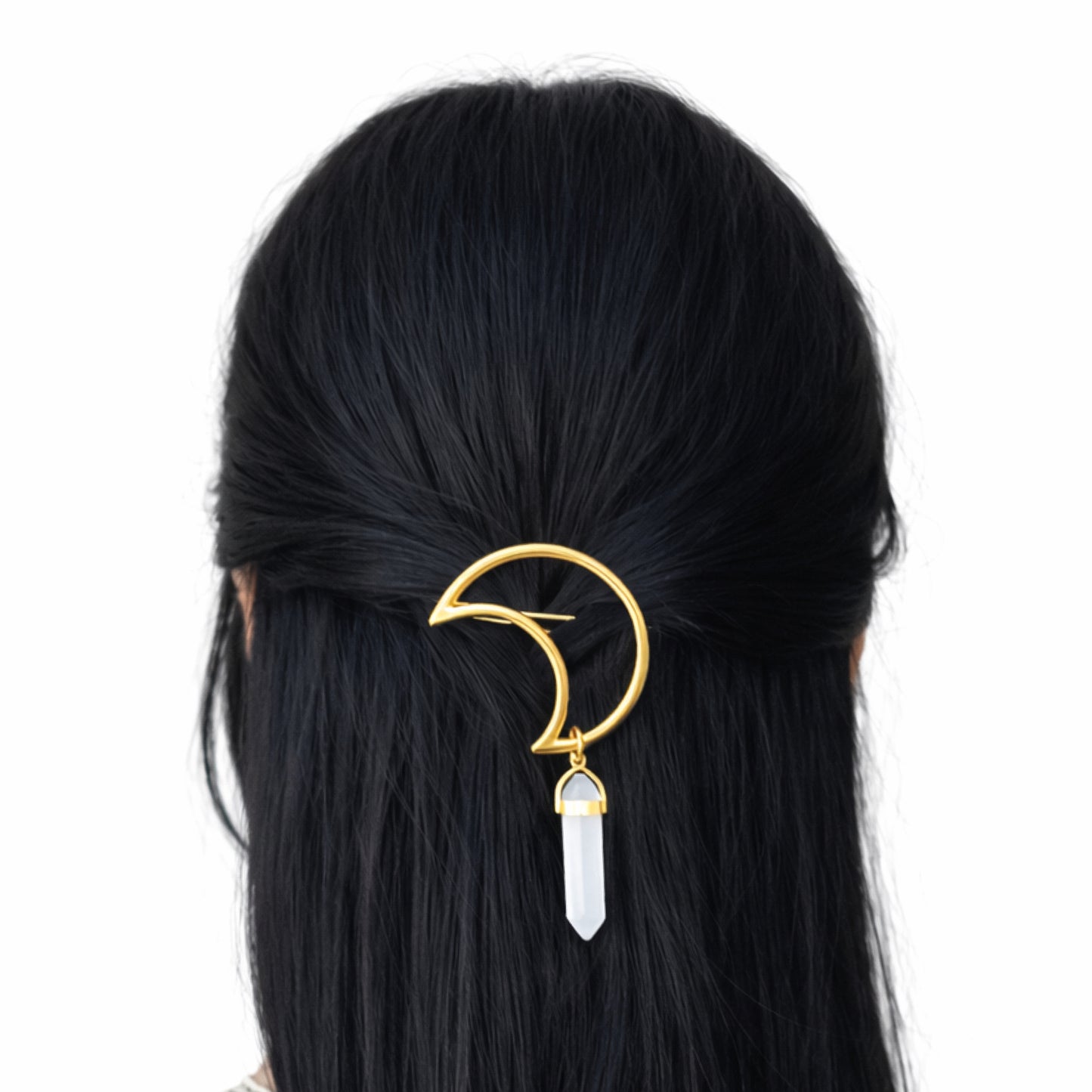 Gold Crescent Moon Hair Clip | Crystal Quartz Charm | Gothic Boho