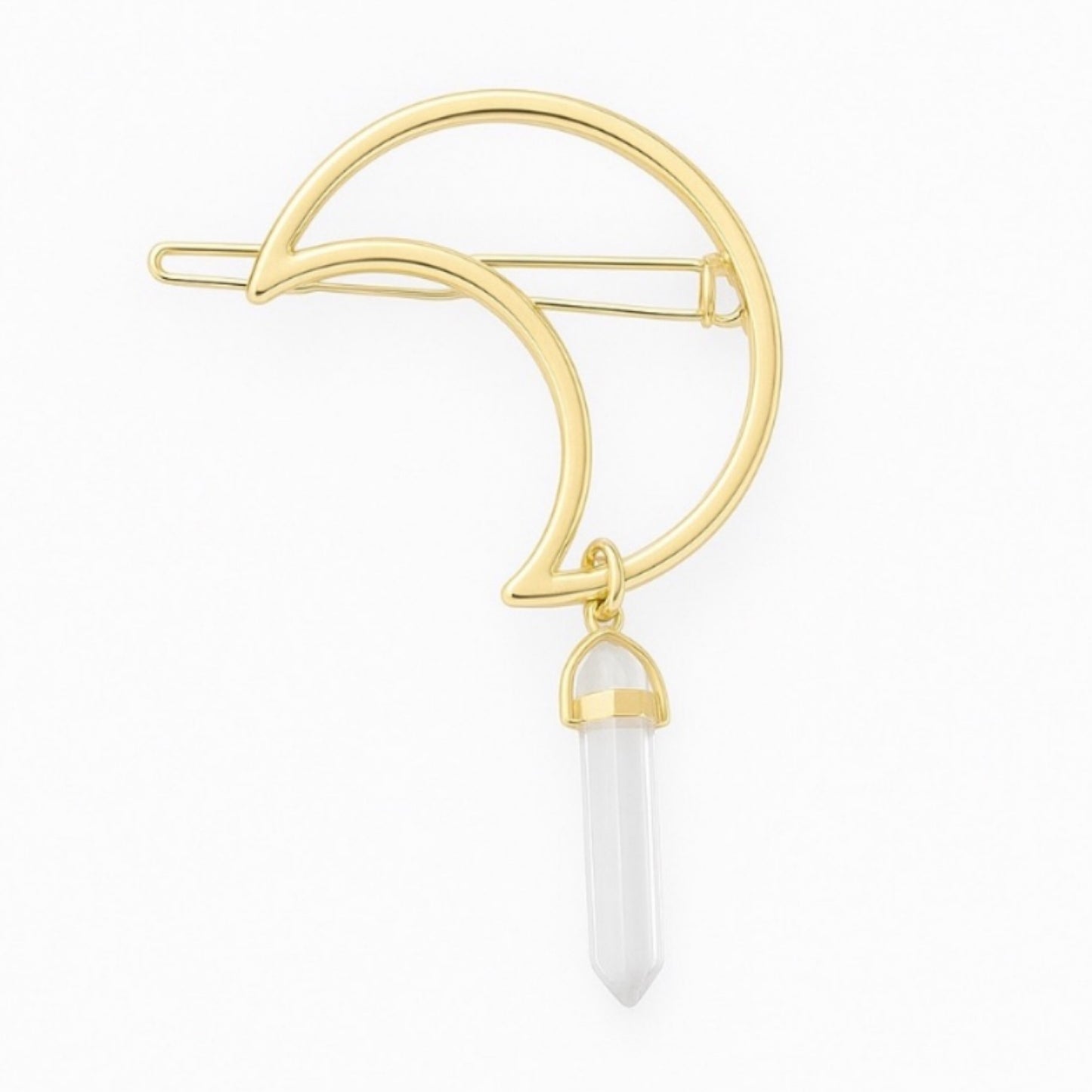 Gold Crescent Moon Hair Clip | Crystal Quartz Charm | Gothic Boho
