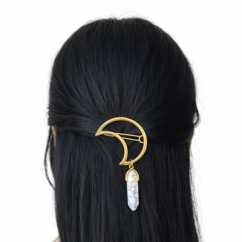 Gold Crescent Moon Hair Clip | White Howlite Crystal Charm