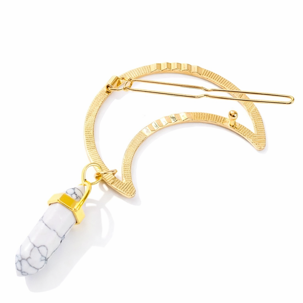 Gold Crescent Moon Hair Clip | White Howlite Crystal Charm