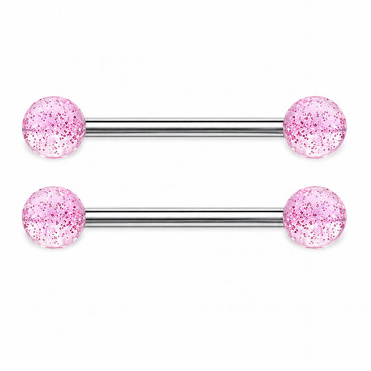 Pink Glitter Acrylic Ball Barbell Nipple Rings
