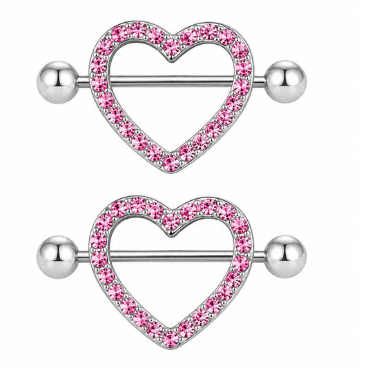 Pink Pave CZ Heart Barbell Nipple Rings