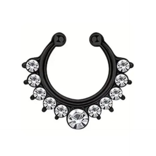 Black CZ Clip On Faux Septum Ring