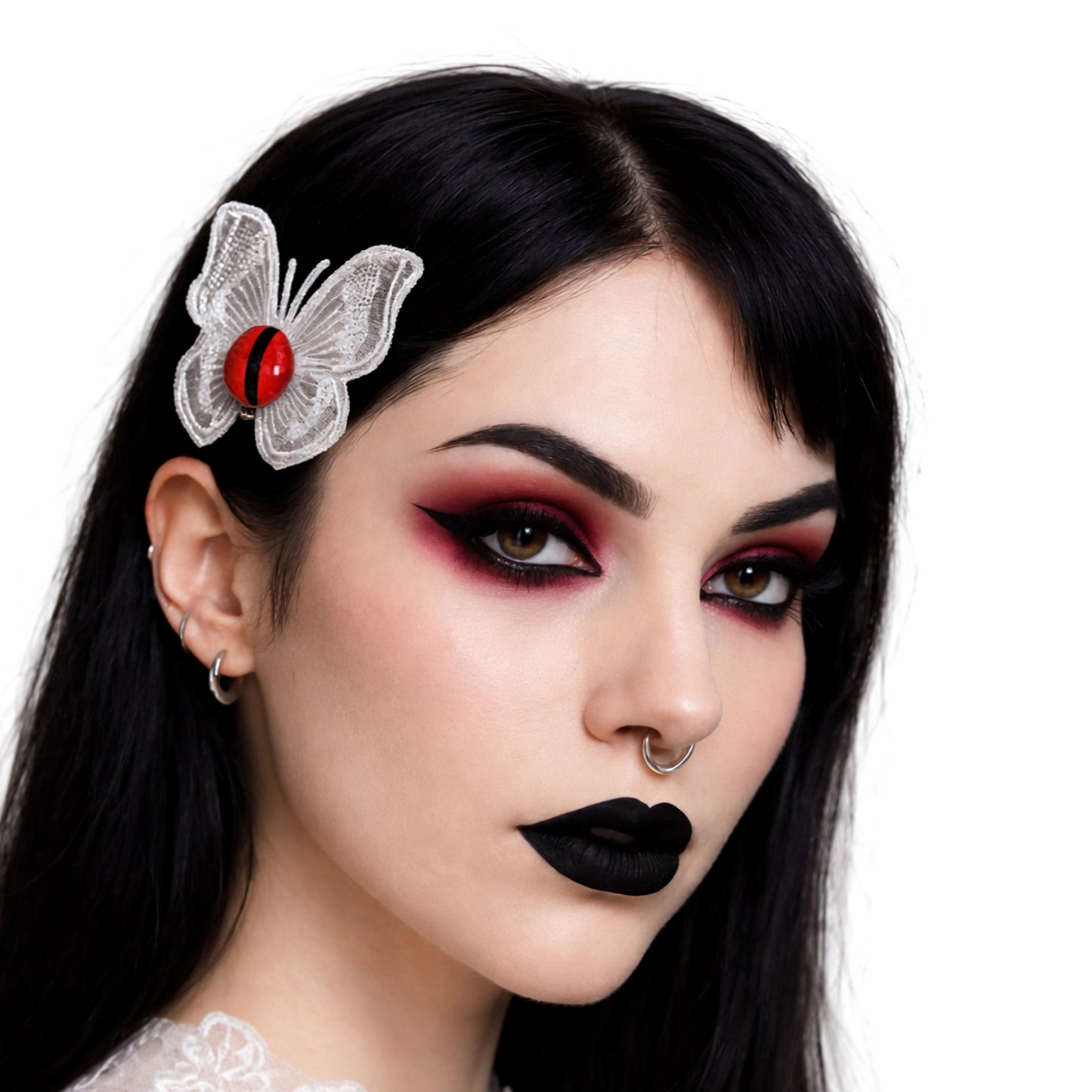 Goth Punk Butterfly Hair Clip Set – White Lace Eyeball Barrettes (2 Piece)