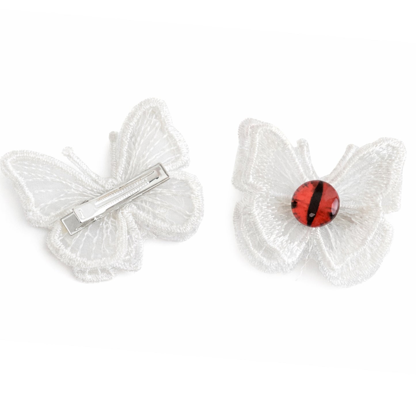 Goth Punk Butterfly Hair Clip Set – White Lace Eyeball Barrettes (2 Piece)
