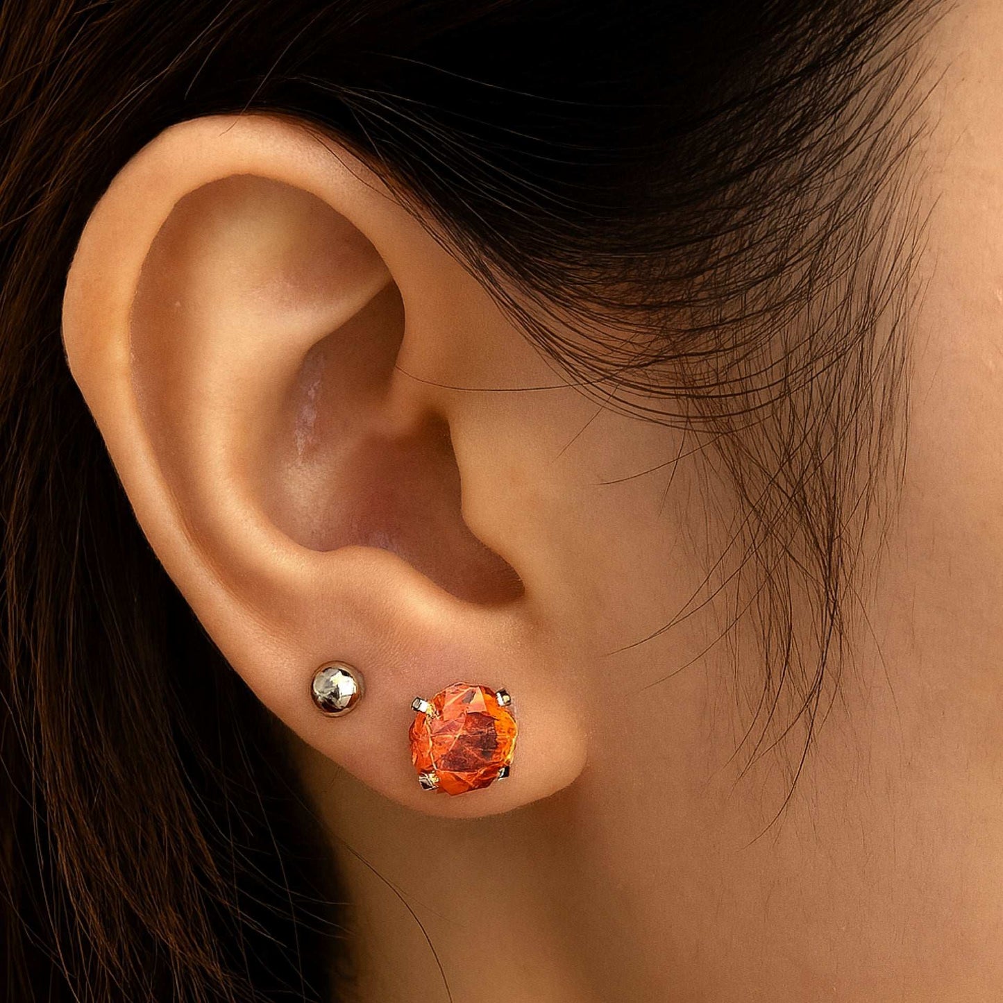 6mm Red Orange CZ Stainless Steel Barbell Stud Earrings