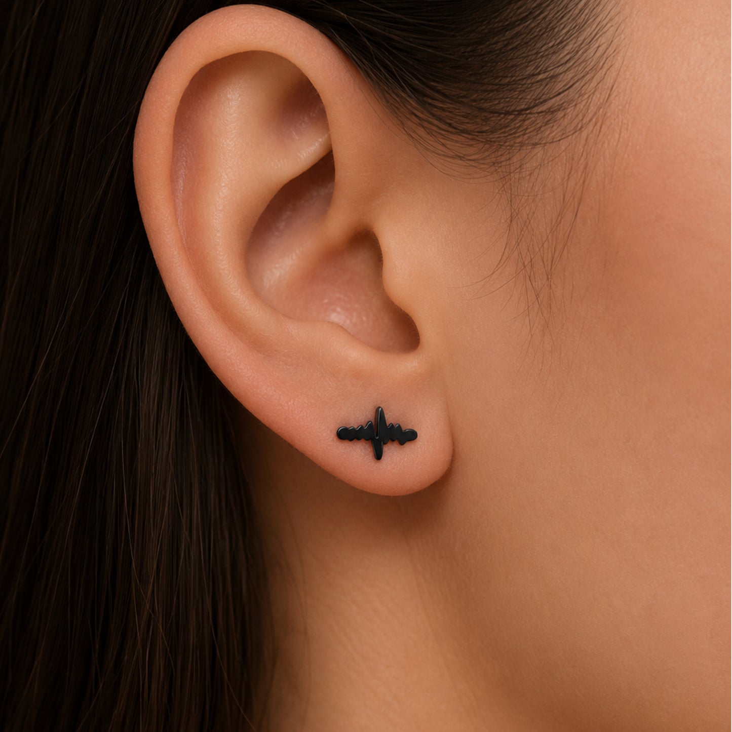 Black EKG Lifeline Flat Back Stud Earrings