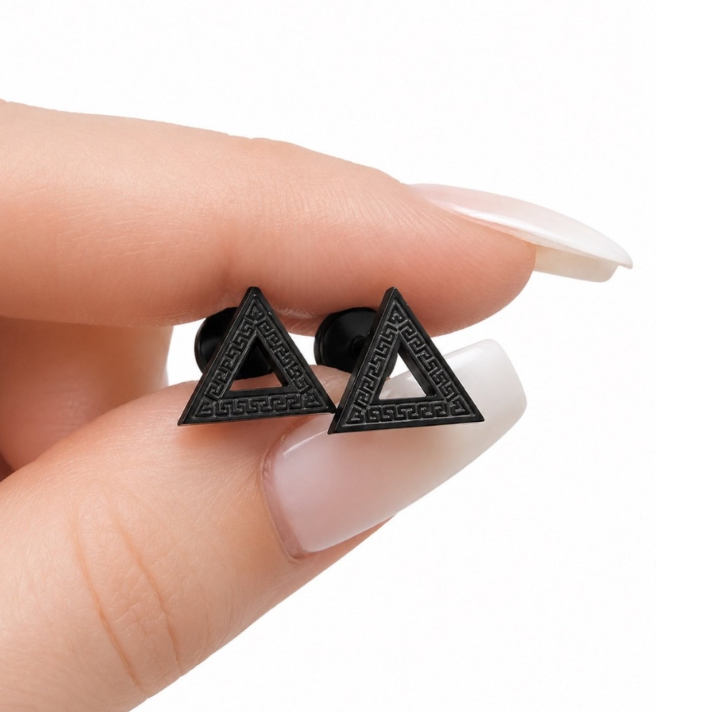 Black Greek Key Triangle Flat Back Earrings